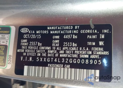 2016 Kia Optima Lx из США, поврежденный, VIN 5XXGT4L32GG008905